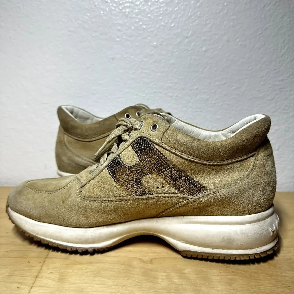 Hogan Interactive Sneakers 100% Suede Lace Up Sequins Gold Brown 37 7